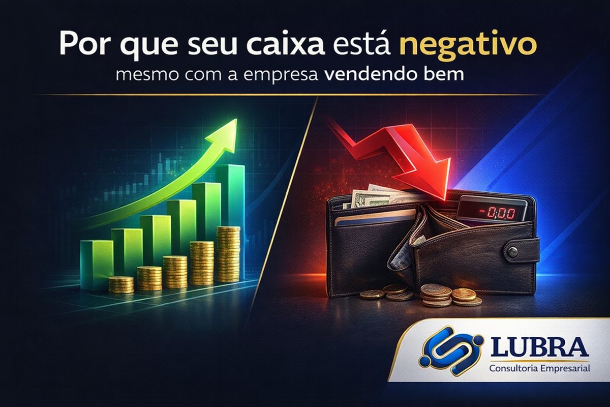Empresa com caixa negativo mesmo vendendo bem — gráfico de crescimento e carteira vazia ilustrando o problema do fluxo de caixa