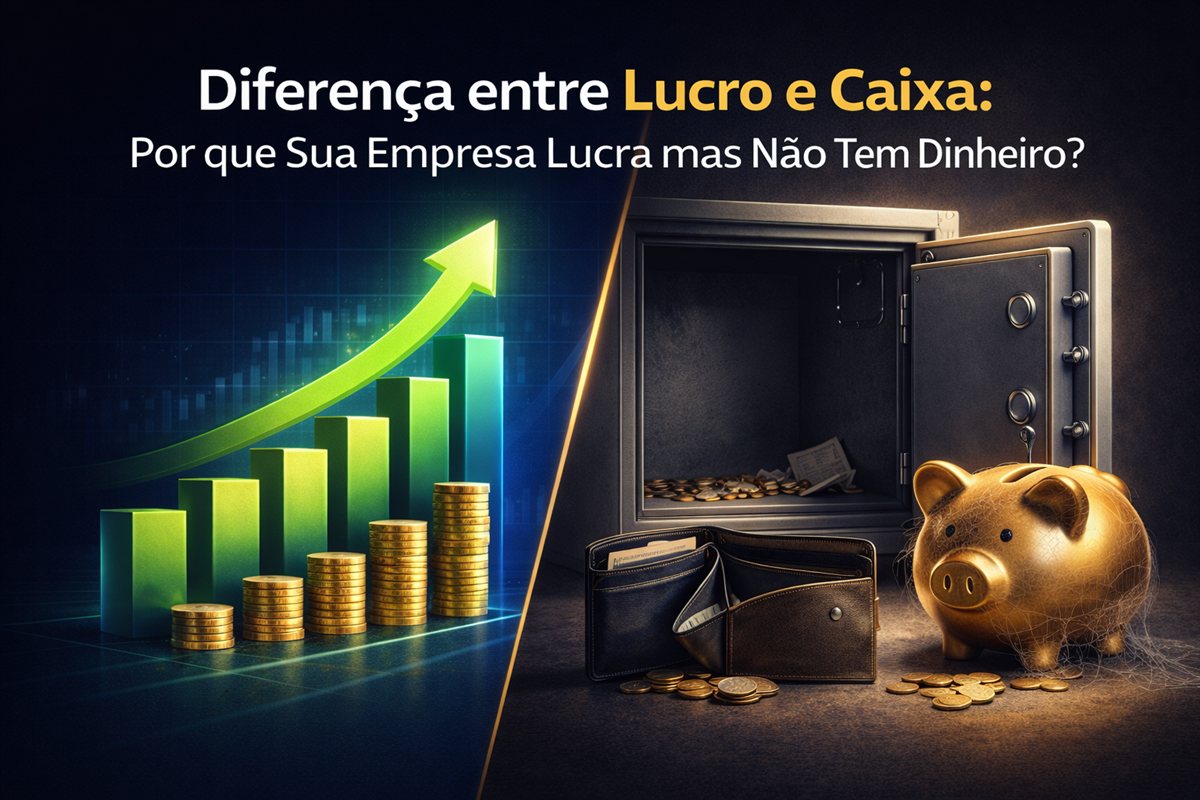 Diferença entre lucro e caixa — DRE com lucro positivo e caixa negativo ilustrando o paradoxo financeiro empresarial